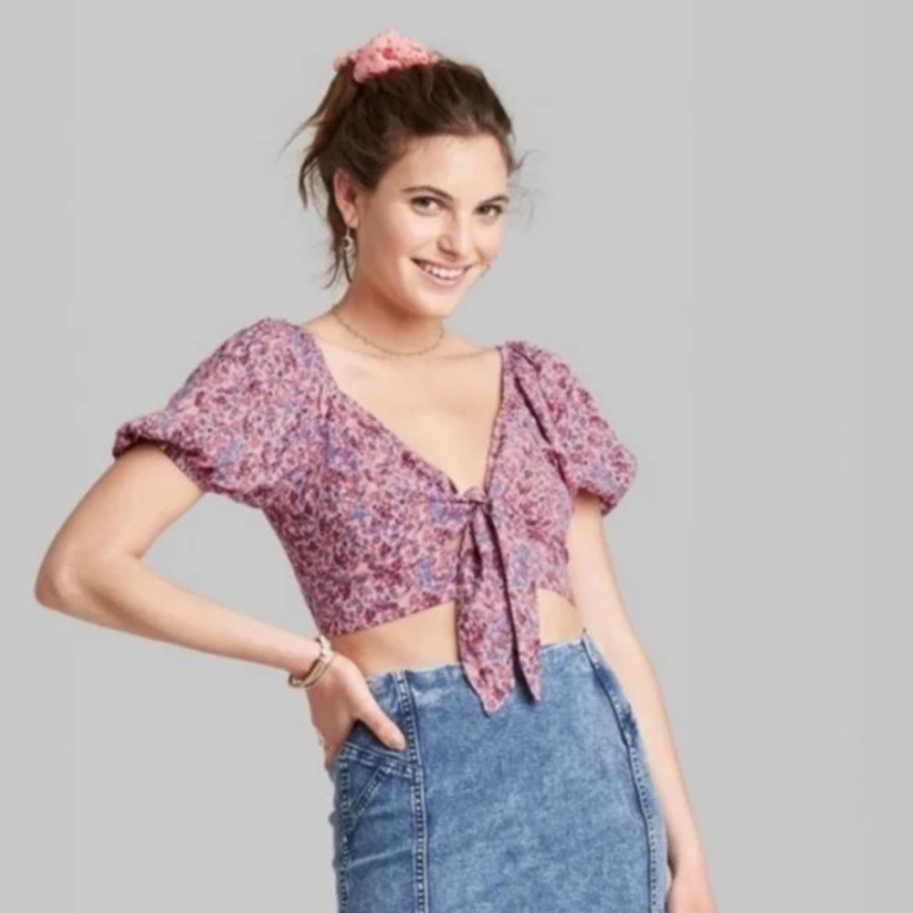 Wild Fable Floral Tie Front Crop Top Smocked Size M Cottagecore Coquette